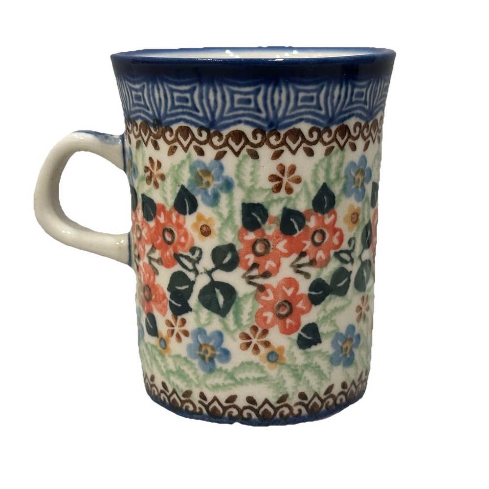 Unikat Polish Pottery Mug Blue Floral Handmade 8 Oz Cup I Maczka